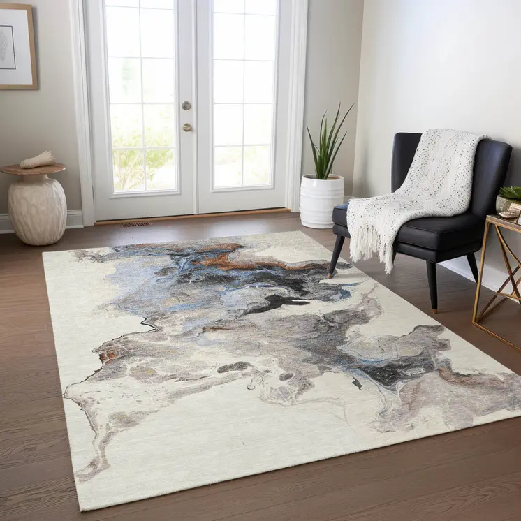 8' X 10' Beige Gray And Copper Abstract Washable Indoor Outdoor Area Rug