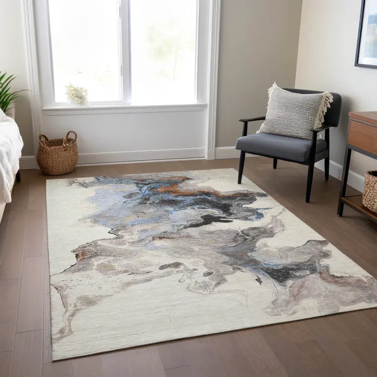 8' X 10' Beige Gray And Copper Abstract Washable Indoor Outdoor Area Rug