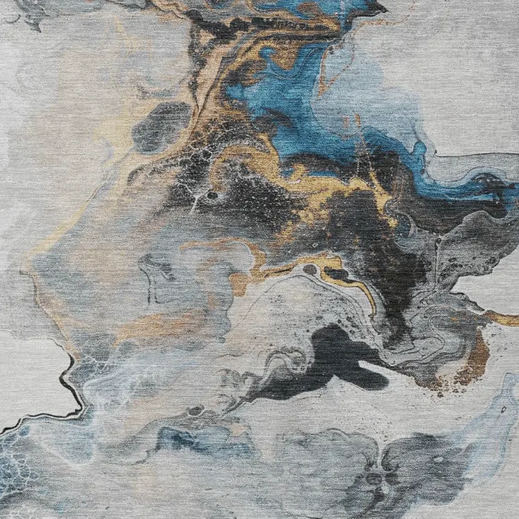 3' X 5' Gray Silver And Blue Abstract Washable Indoor Outdoor Area Rug