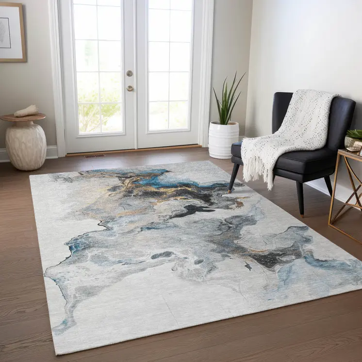 3' X 5' Gray Silver And Blue Abstract Washable Indoor Outdoor Area Rug