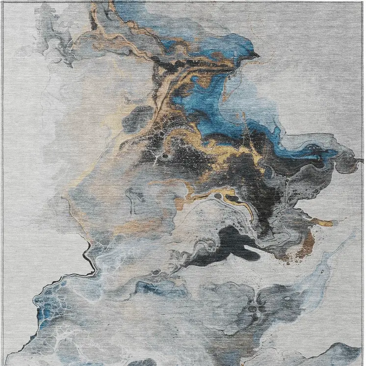 5' X 8' Gray Silver And Blue Abstract Washable Indoor Outdoor Area Rug