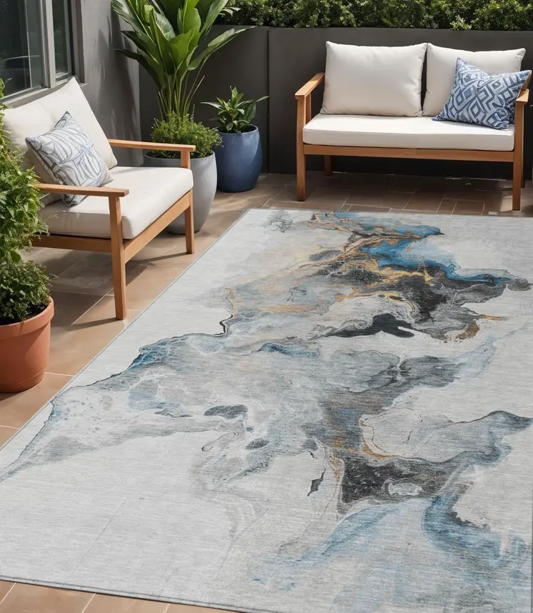 5' X 8' Gray Silver And Blue Abstract Washable Indoor Outdoor Area Rug