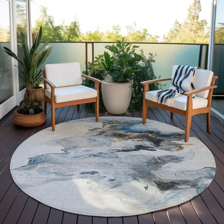 8' Gray Silver And Blue Round Abstract Washable Indoor Outdoor Area Rug