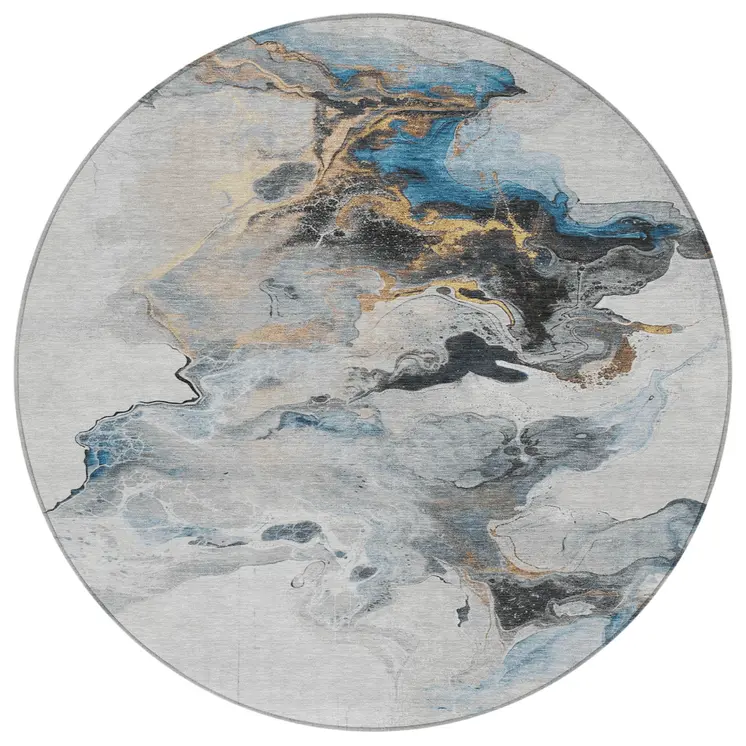 8' Gray Silver And Blue Round Abstract Washable Indoor Outdoor Area Rug