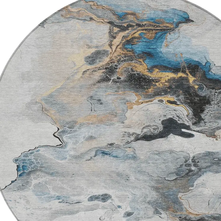 8' Gray Silver And Blue Round Abstract Washable Indoor Outdoor Area Rug