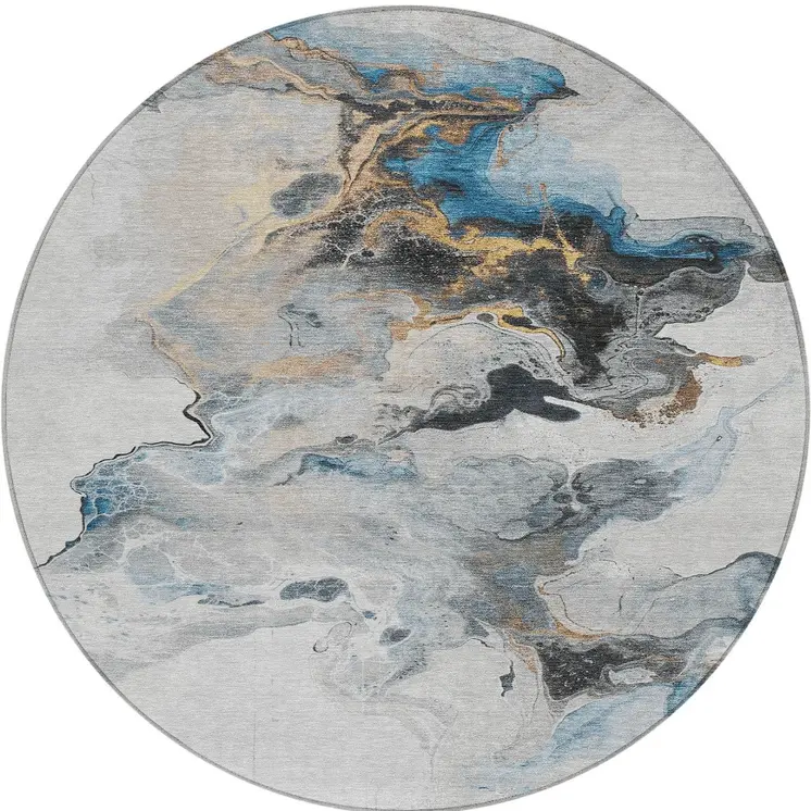 8' Gray Silver And Blue Round Abstract Washable Indoor Outdoor Area Rug