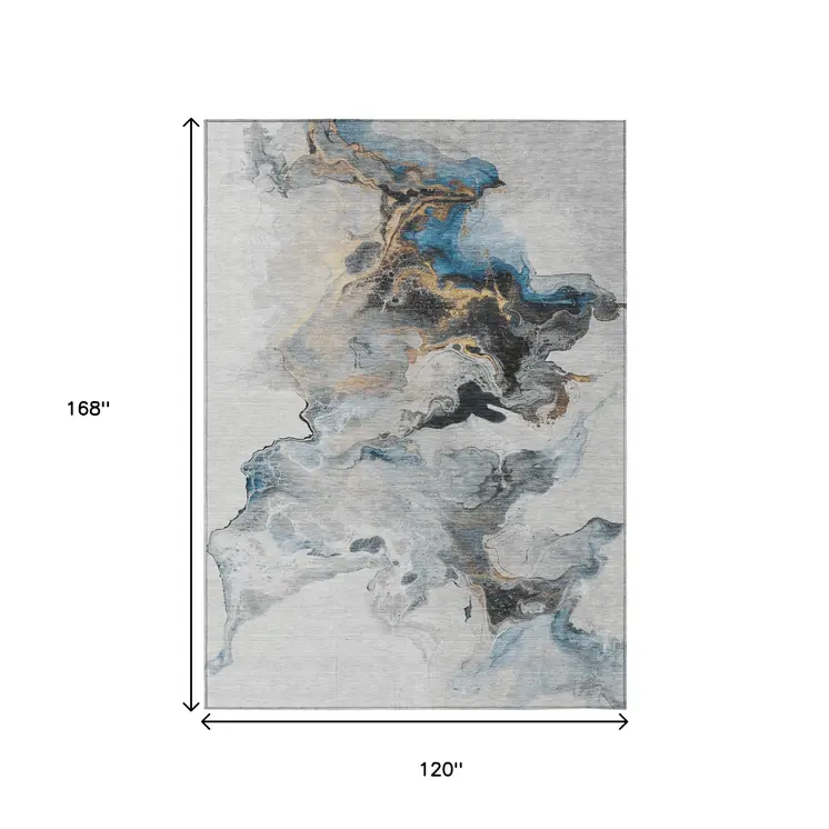 10' X 14' Gray Silver And Blue Abstract Washable Indoor Outdoor Area Rug