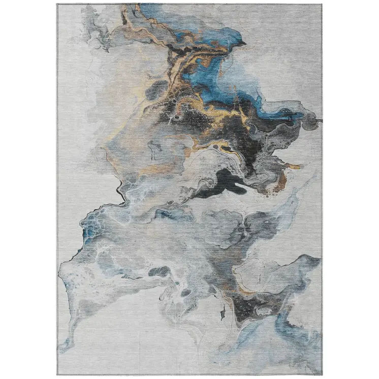 10' X 14' Gray Silver And Blue Abstract Washable Indoor Outdoor Area Rug
