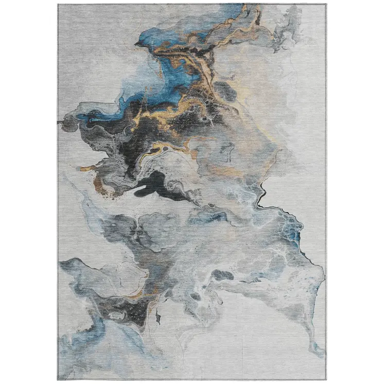 10' X 14' Gray Silver And Blue Abstract Washable Indoor Outdoor Area Rug