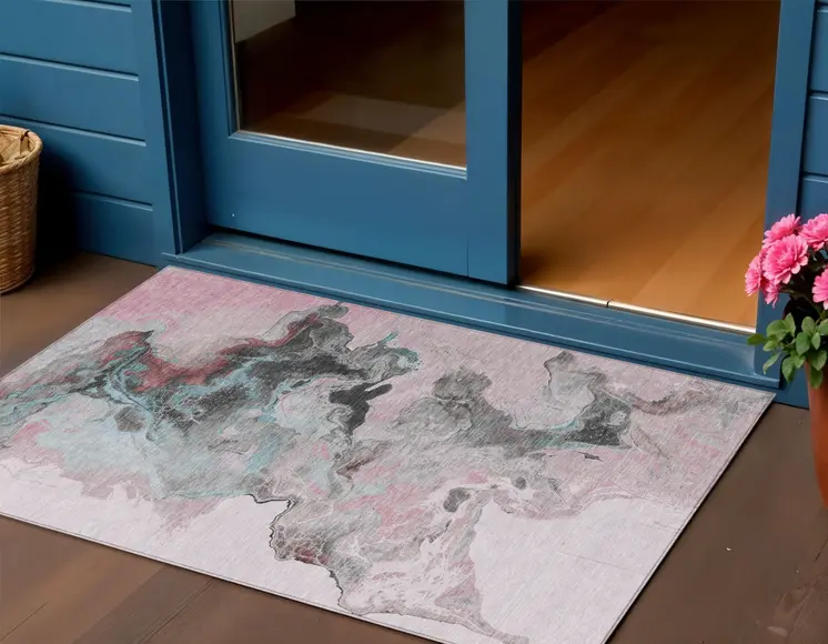 3' X 5' Pink Gray And Silver Abstract Washable Indoor Outdoor Area Rug