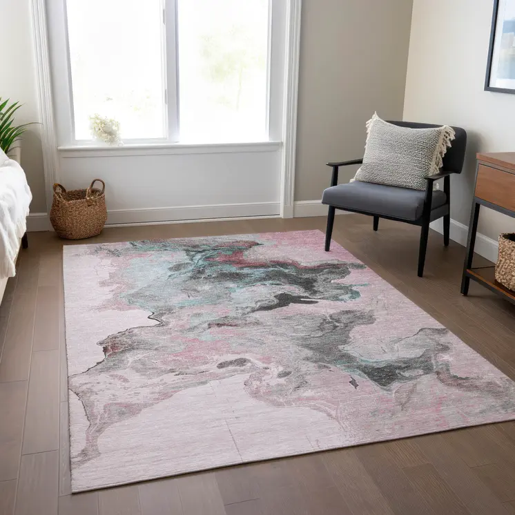 3' X 5' Pink Gray And Silver Abstract Washable Indoor Outdoor Area Rug
