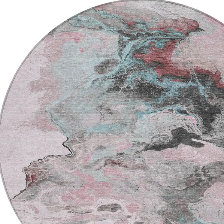 8' Pink Gray And Silver Round Abstract Washable Indoor Outdoor Area Rug