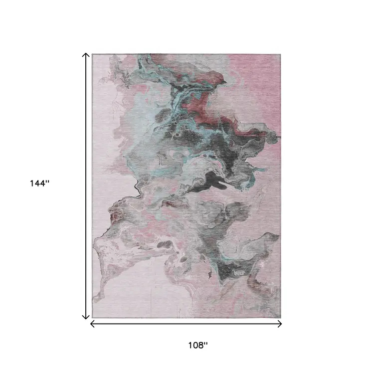 9' X 12' Pink Gray And Silver Abstract Washable Indoor Outdoor Area Rug