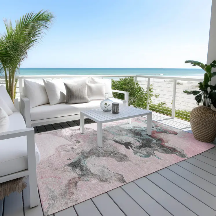 9' X 12' Pink Gray And Silver Abstract Washable Indoor Outdoor Area Rug