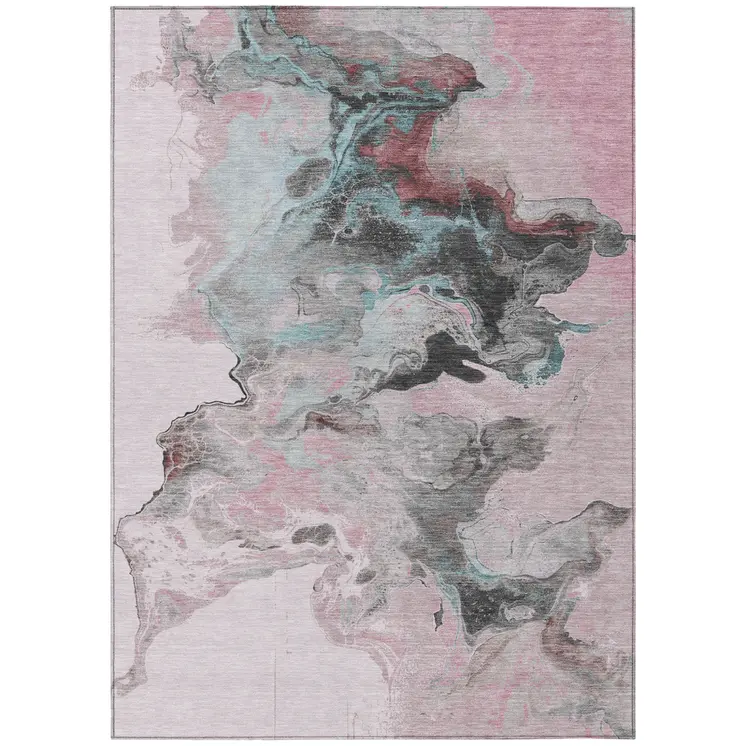 9' X 12' Pink Gray And Silver Abstract Washable Indoor Outdoor Area Rug