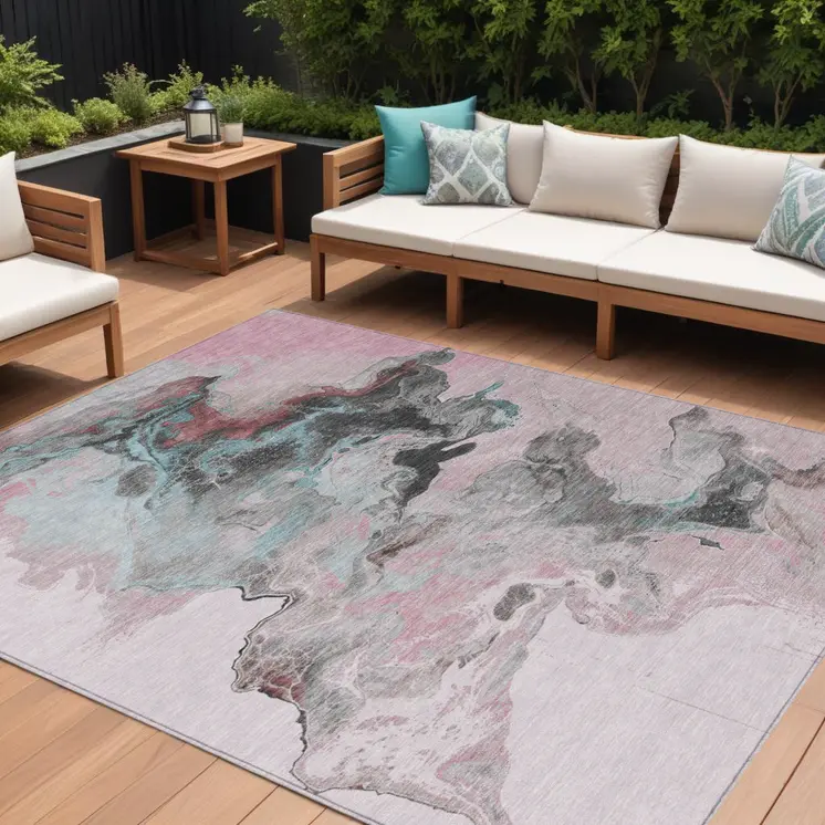 10' X 14' Pink Gray And Silver Abstract Washable Indoor Outdoor Area Rug
