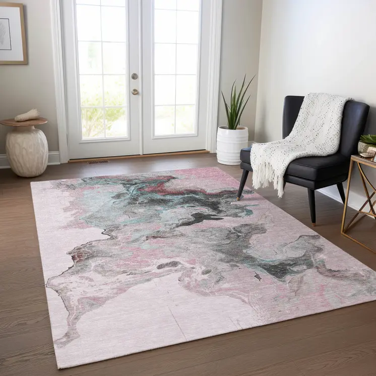 10' X 14' Pink Gray And Silver Abstract Washable Indoor Outdoor Area Rug