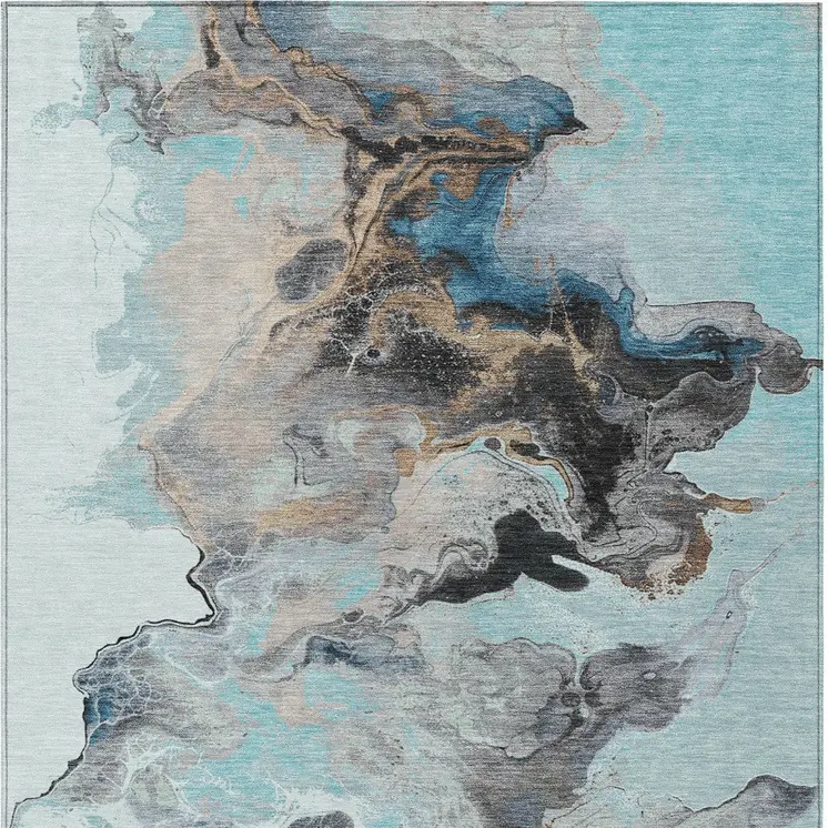 3' X 5' Teal Blue Gold And Gray Abstract Washable Indoor Outdoor Area Rug