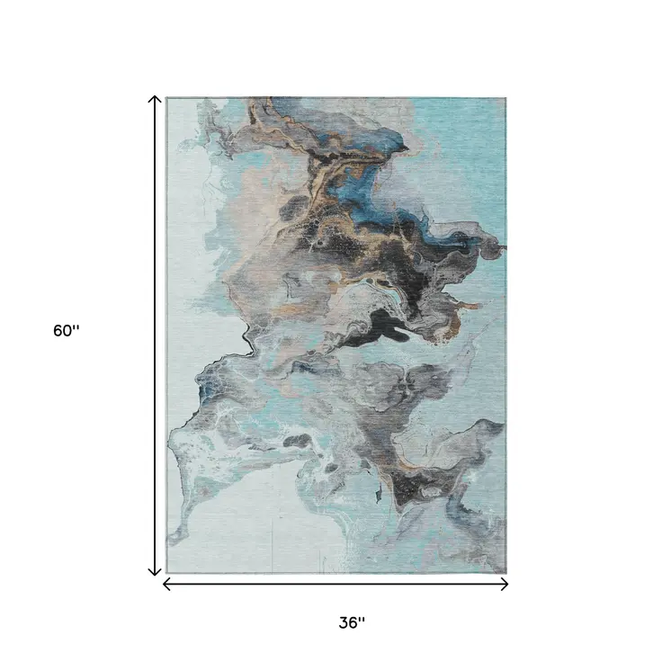 3' X 5' Teal Blue Gold And Gray Abstract Washable Indoor Outdoor Area Rug