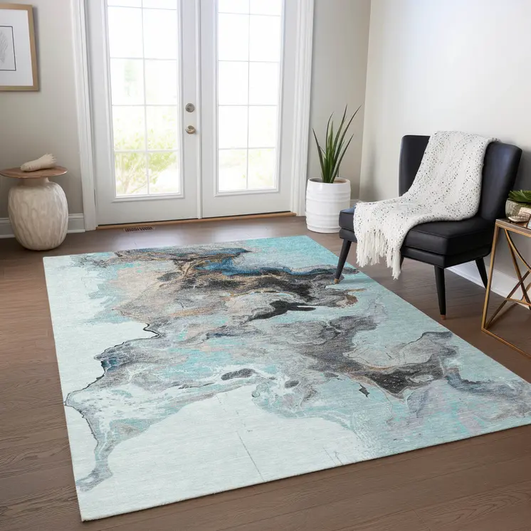 3' X 5' Teal Blue Gold And Gray Abstract Washable Indoor Outdoor Area Rug