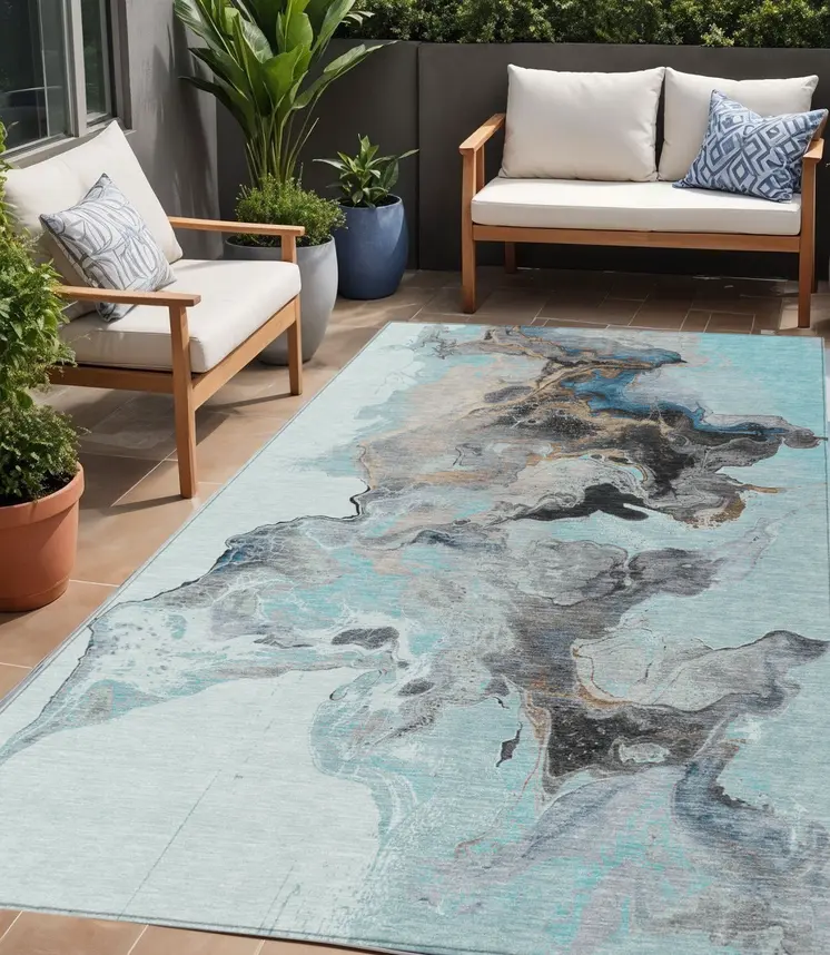 5' X 8' Teal Blue Gold And Gray Abstract Washable Indoor Outdoor Area Rug