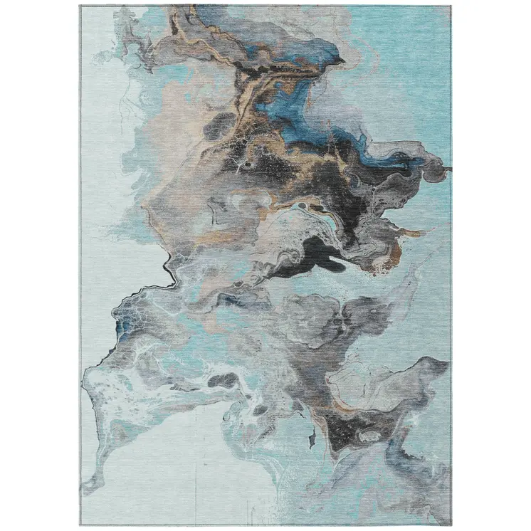 5' X 8' Teal Blue Gold And Gray Abstract Washable Indoor Outdoor Area Rug