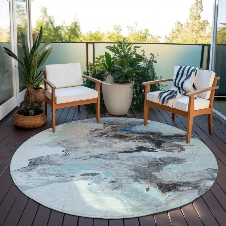 8' Teal Blue Gold And Gray Round Abstract Washable Indoor Outdoor Area Rug