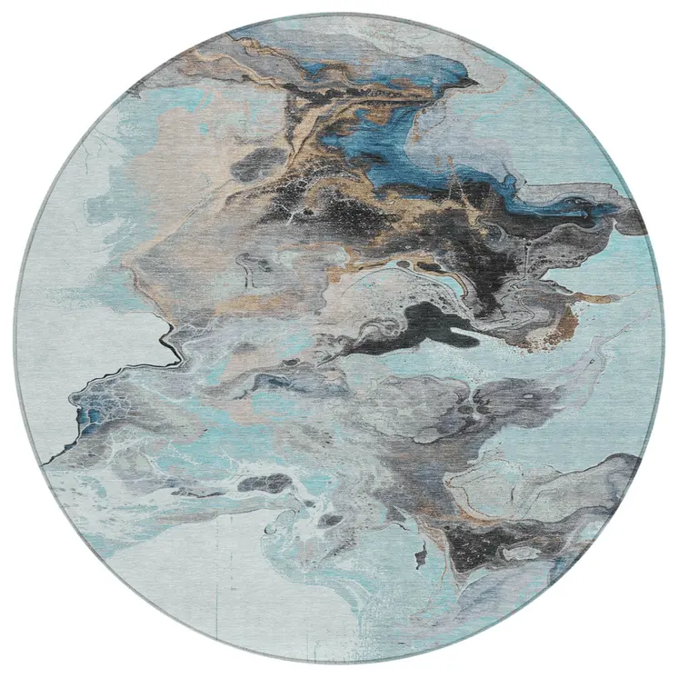 8' Teal Blue Gold And Gray Round Abstract Washable Indoor Outdoor Area Rug