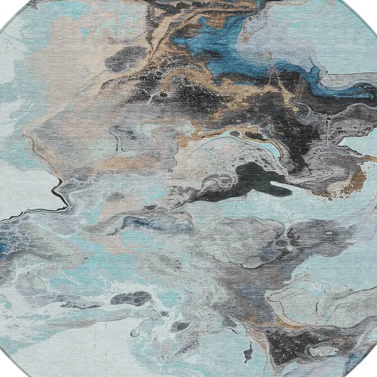 8' Teal Blue Gold And Gray Round Abstract Washable Indoor Outdoor Area Rug