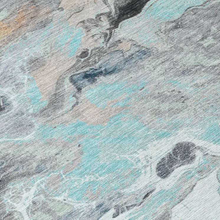 8' Teal Blue Gold And Gray Round Abstract Washable Indoor Outdoor Area Rug