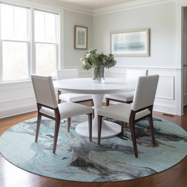 8' Teal Blue Gold And Gray Round Abstract Washable Indoor Outdoor Area Rug
