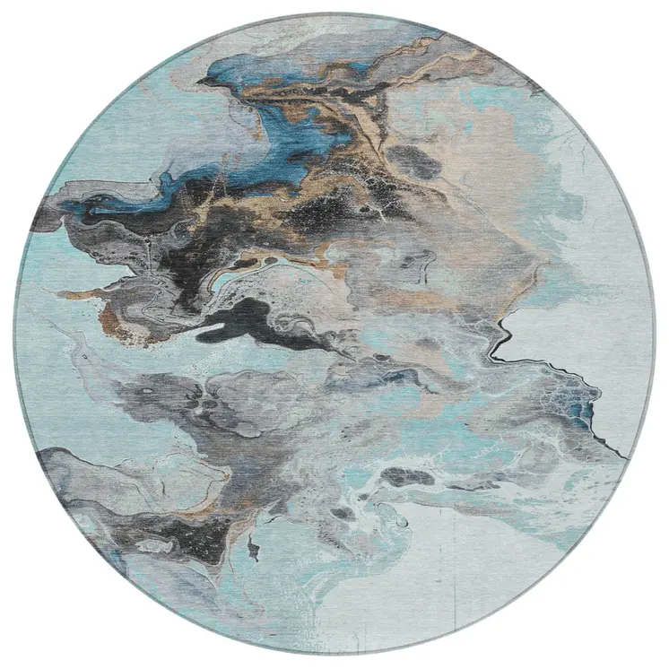 8' Teal Blue Gold And Gray Round Abstract Washable Indoor Outdoor Area Rug