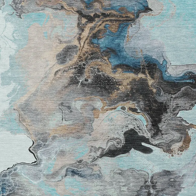 8' X 10' Teal Blue Gold And Gray Abstract Washable Indoor Outdoor Area Rug