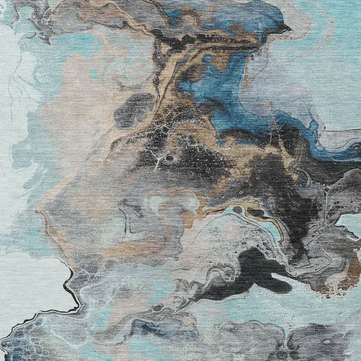9' X 12' Teal Blue Gold And Gray Abstract Washable Indoor Outdoor Area Rug