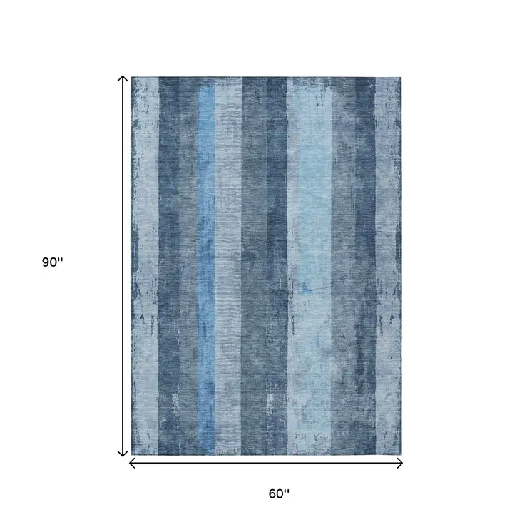5' X 8' Blue And Gray Striped Washable Indoor Outdoor Area Rug