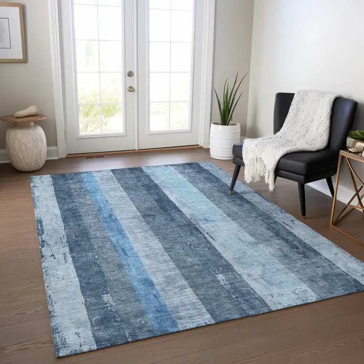 5' X 8' Blue And Gray Striped Washable Indoor Outdoor Area Rug