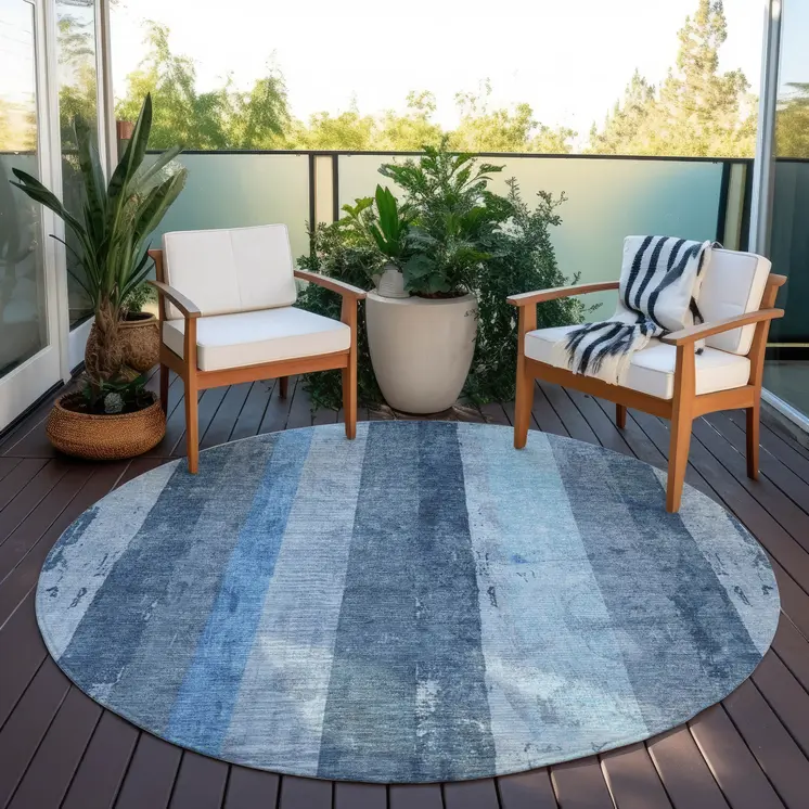 8' Blue And Gray Round Striped Washable Indoor Outdoor Area Rug