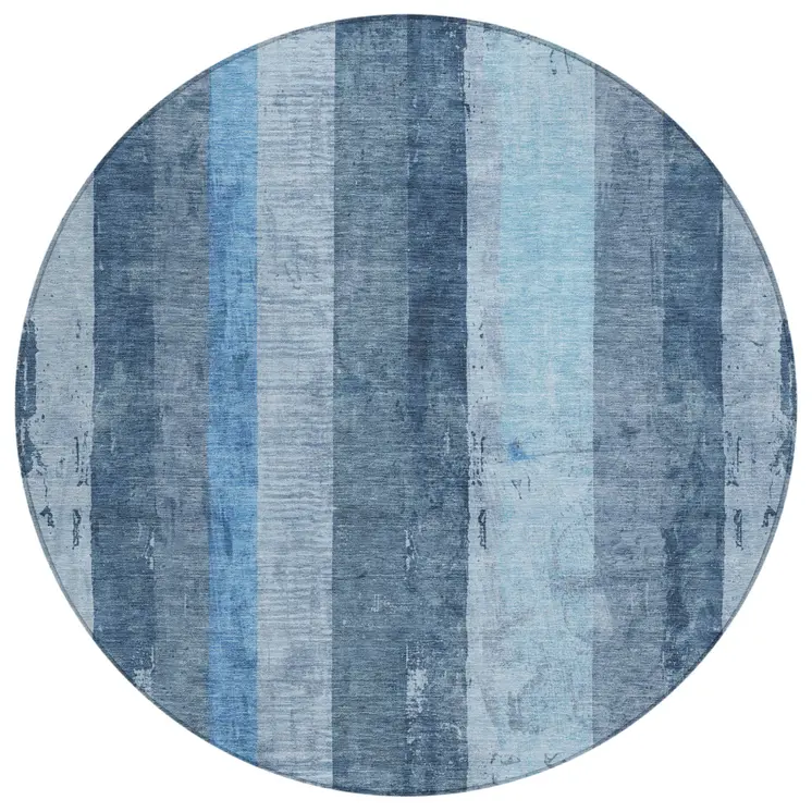 8' Blue And Gray Round Striped Washable Indoor Outdoor Area Rug