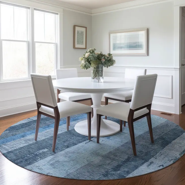 8' Blue And Gray Round Striped Washable Indoor Outdoor Area Rug