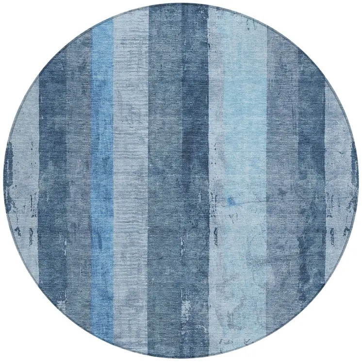 8' Blue And Gray Round Striped Washable Indoor Outdoor Area Rug