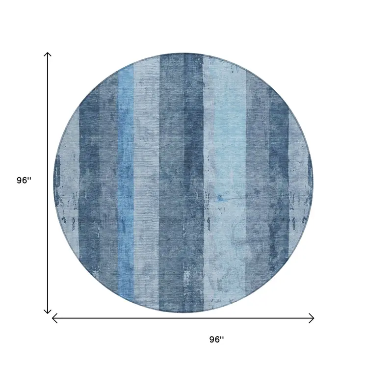 8' Blue And Gray Round Striped Washable Indoor Outdoor Area Rug