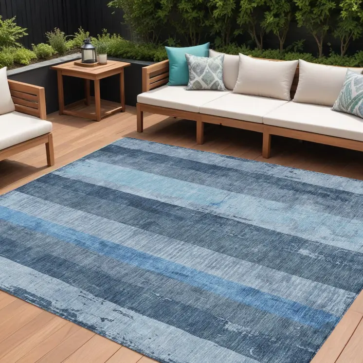 9' X 12' Blue And Gray Striped Washable Indoor Outdoor Area Rug