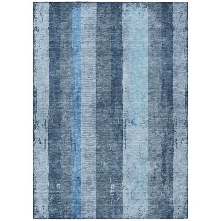 9' X 12' Blue And Gray Striped Washable Indoor Outdoor Area Rug