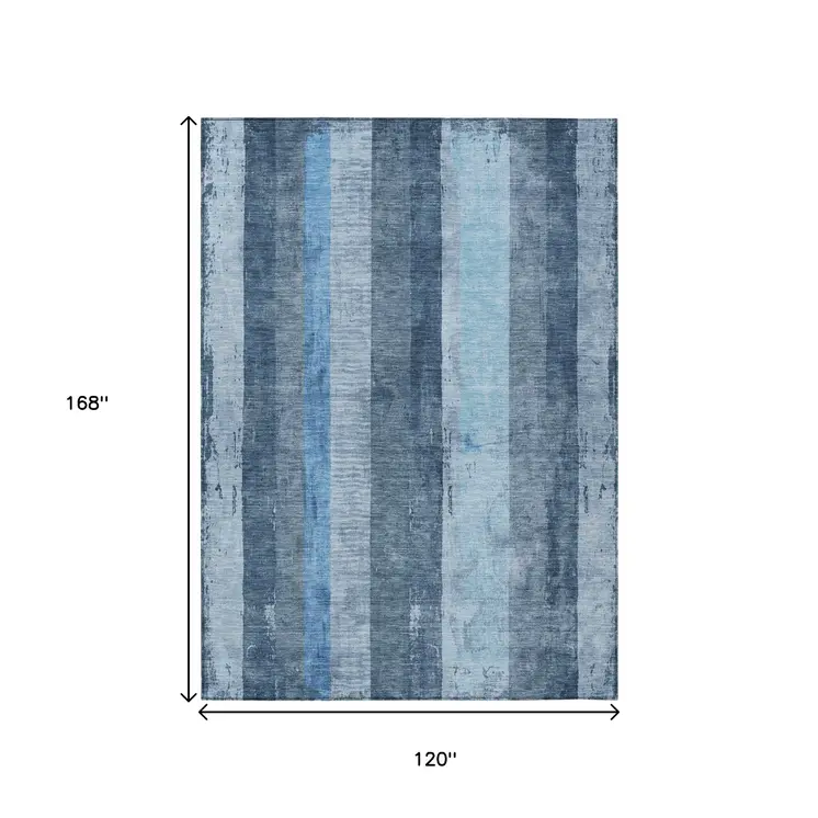10' X 14' Blue And Gray Striped Washable Indoor Outdoor Area Rug