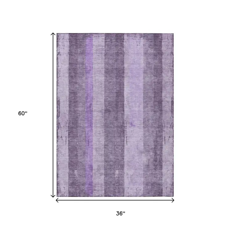 3' X 5' Purple And Lilac Striped Washable Indoor Outdoor Area Rug