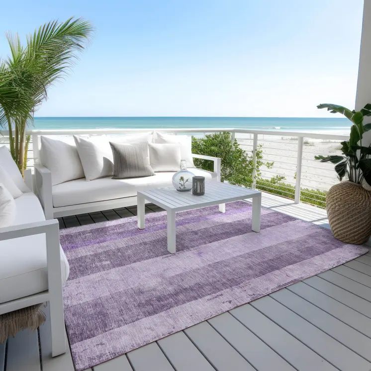 3' X 5' Purple And Lilac Striped Washable Indoor Outdoor Area Rug