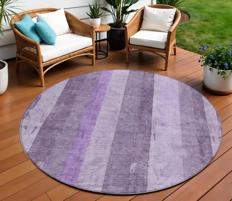 8' Purple And Lilac Round Striped Washable Indoor Outdoor Area Rug
