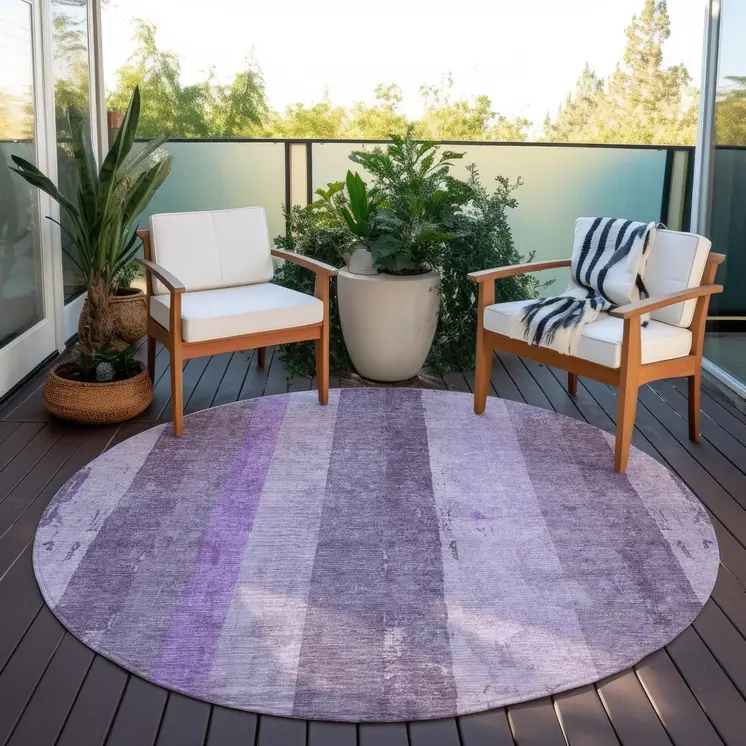 8' Purple And Lilac Round Striped Washable Indoor Outdoor Area Rug