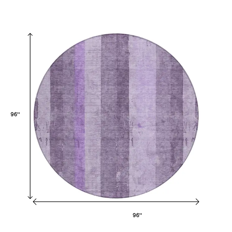 8' Purple And Lilac Round Striped Washable Indoor Outdoor Area Rug