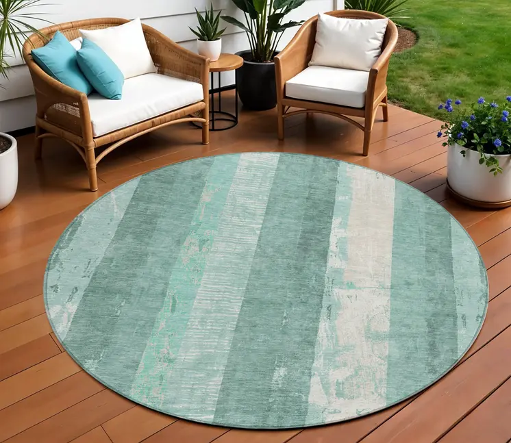 8' Pale Aqua And Teal Blue Round Striped Washable Indoor Outdoor Area Rug